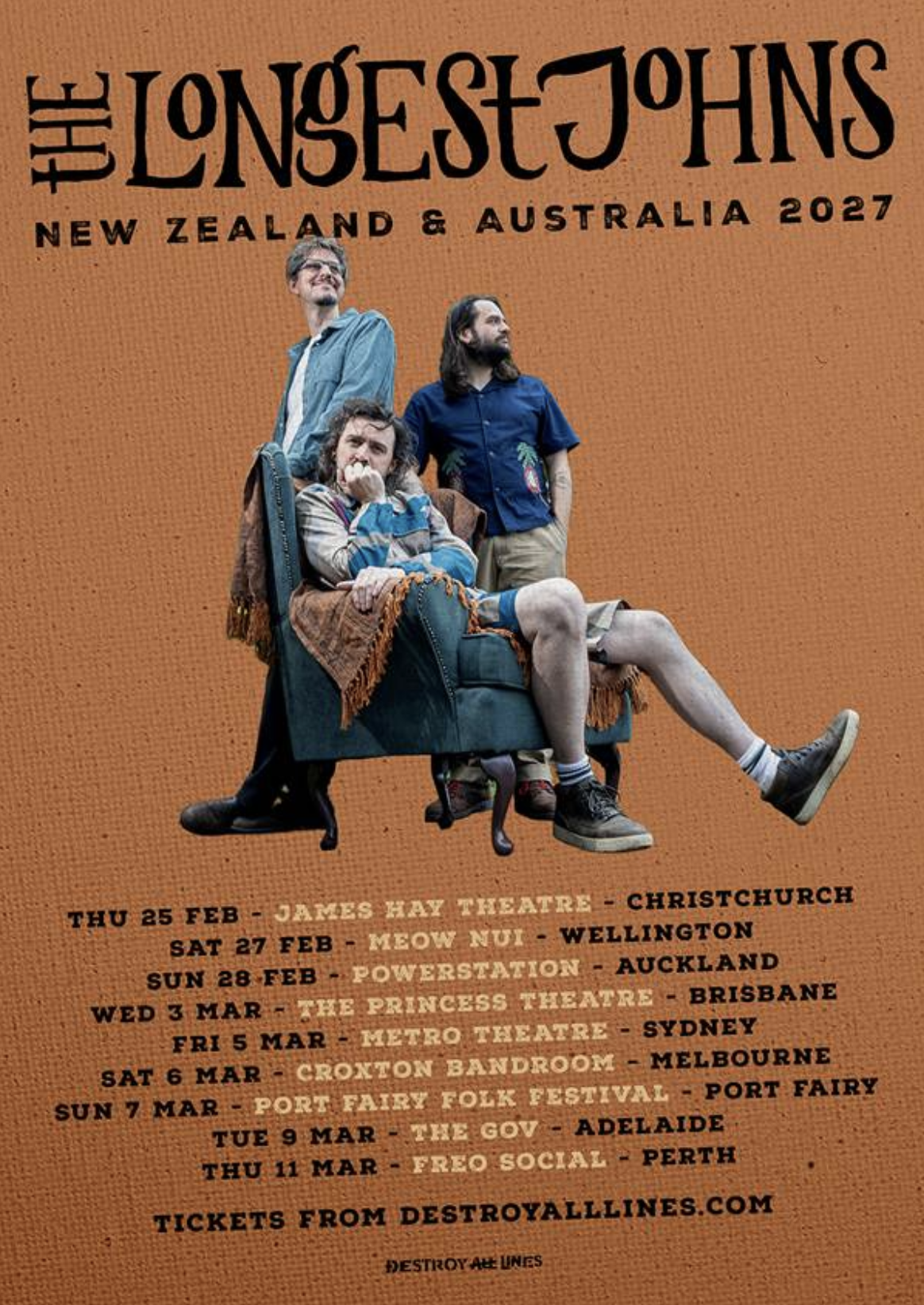 Tour poster for The Longest Johns New Zealand & Australia 2027 tour showing the band members around an armchair above concert dates.